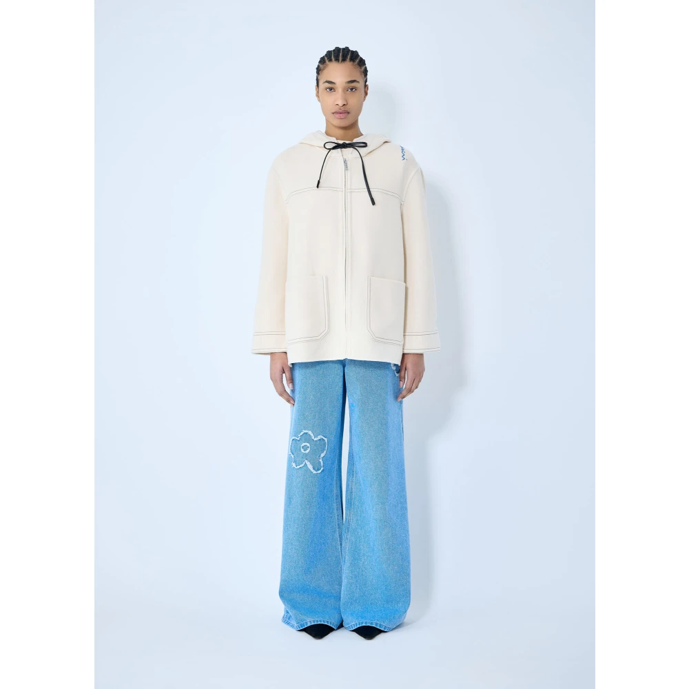 Marni Kasjmier Wol Hoodie Jas Geborduurde Zakken Beige Dames