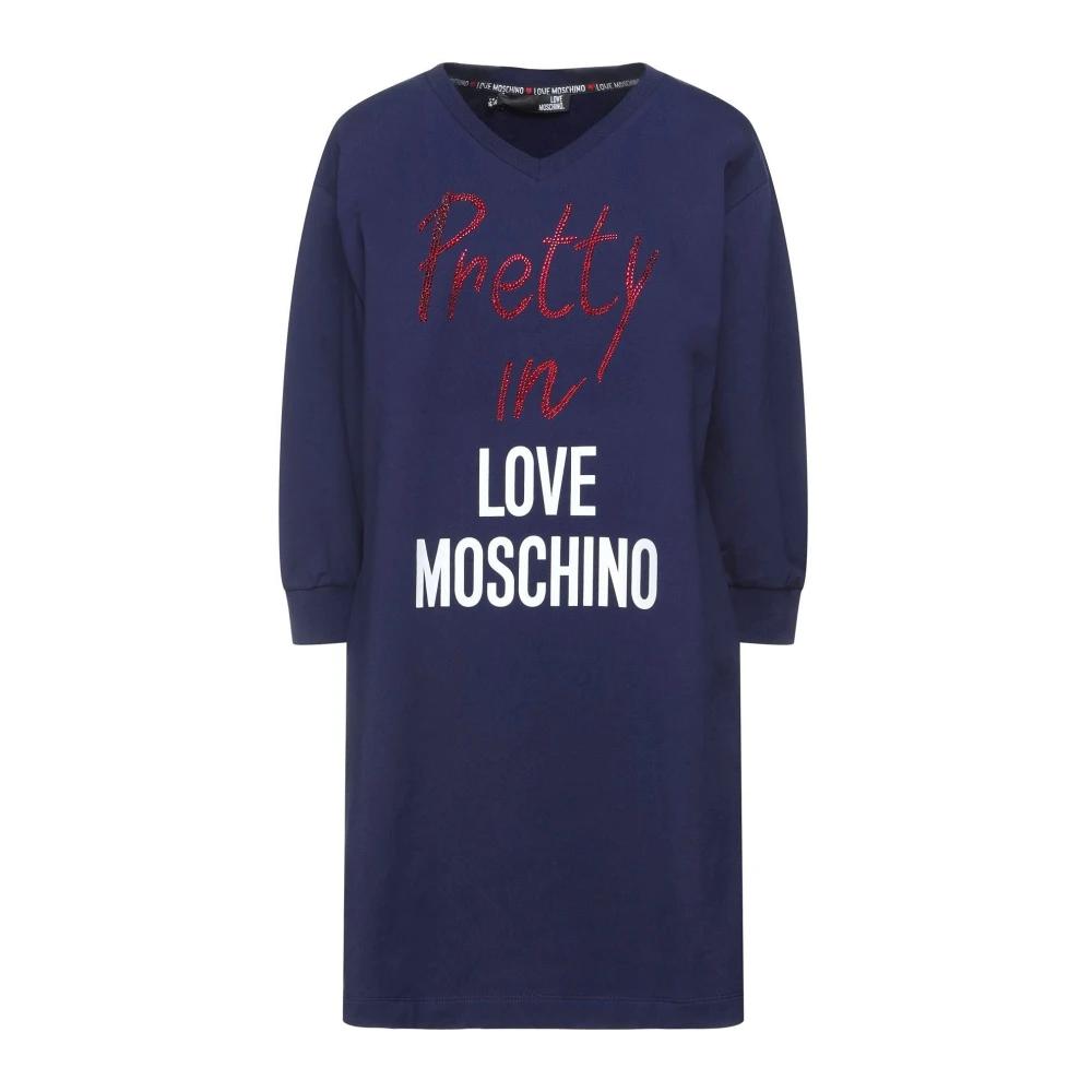 Love Moschino Blå Bomullsklänning med Logotryck och Pärlapplikationer Blue, Dam