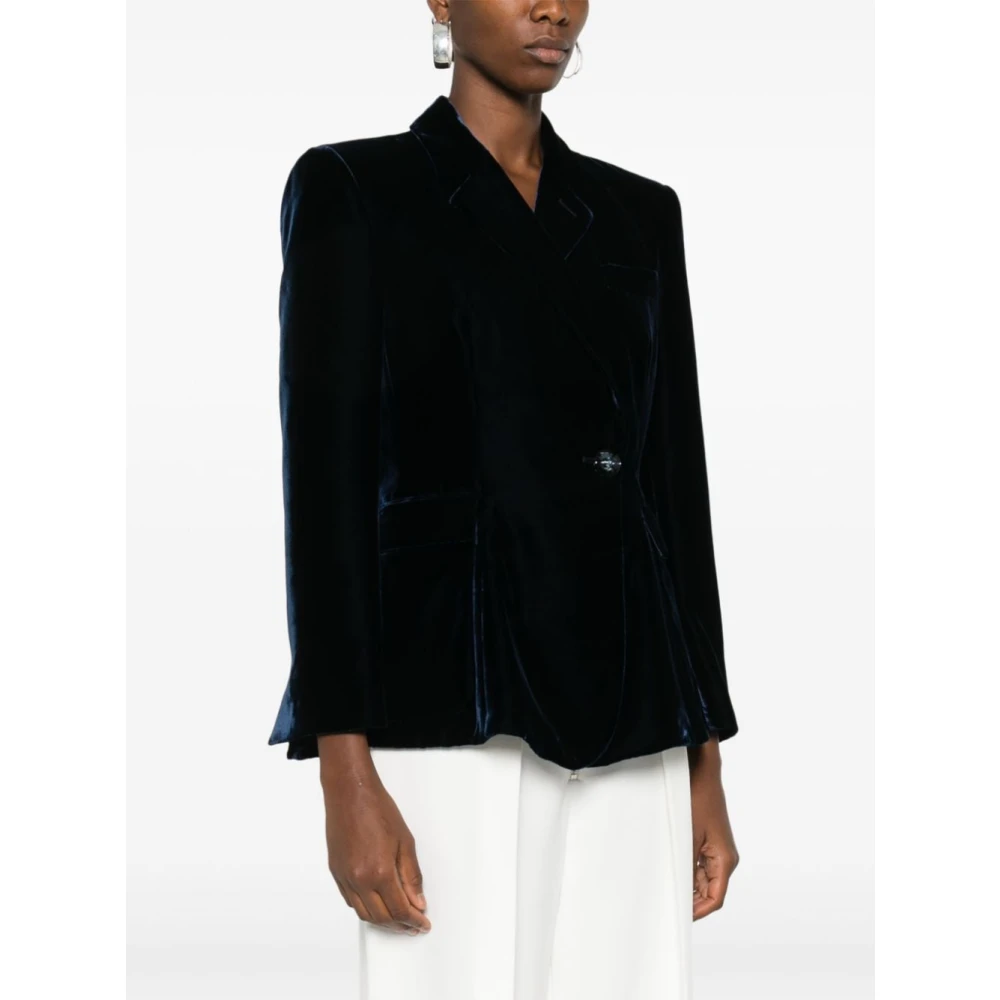 Giorgio Armani Blauw Fluweel Jas Kristal Knoop Voorkant Blue Dames