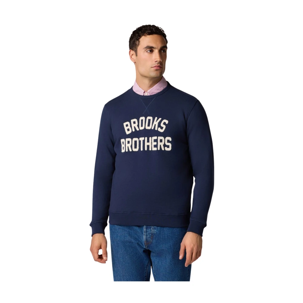 Brooks Brothers Men's Blue Sweatshirts, 3XL, Terry Logo-Embroidered Crewneck Sweatshirt
