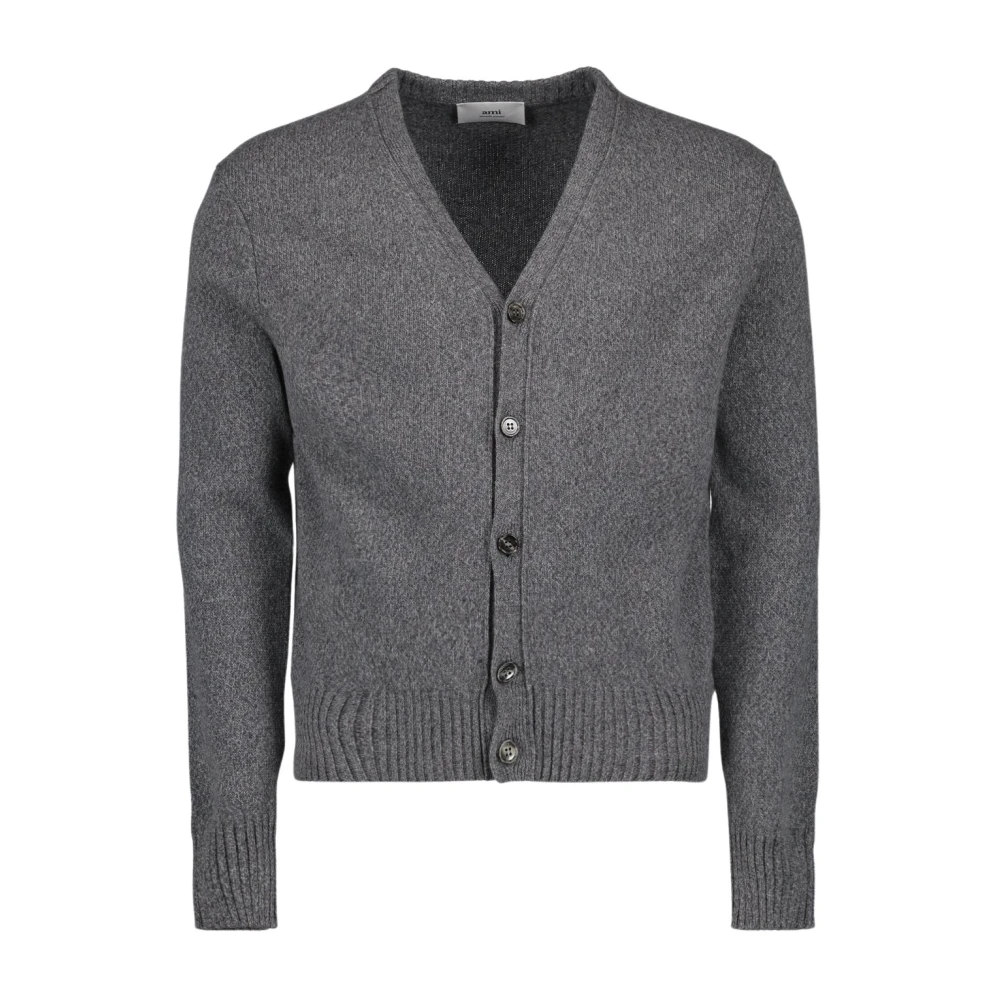 Ami Paris Grijze Cashmere Cardigan met Geborduurd Hart Logo Gray Heren