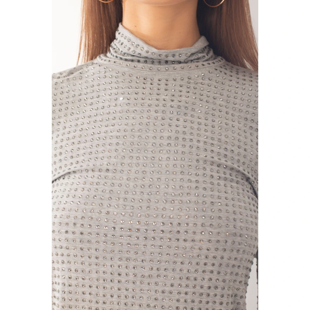 pinko Rhinestones High-Neck Sweater Gray Dames