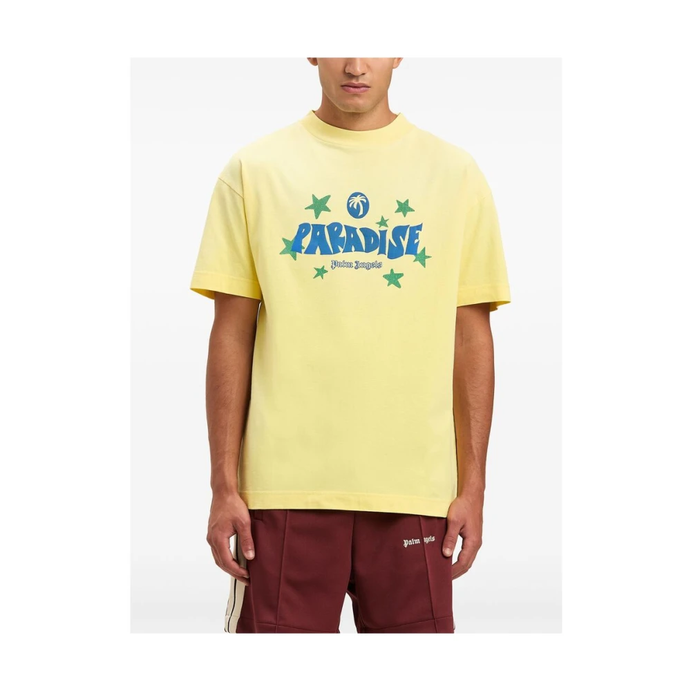 Palm Angels Gele Crew Neck Korte Mouw T-shirt Yellow Heren