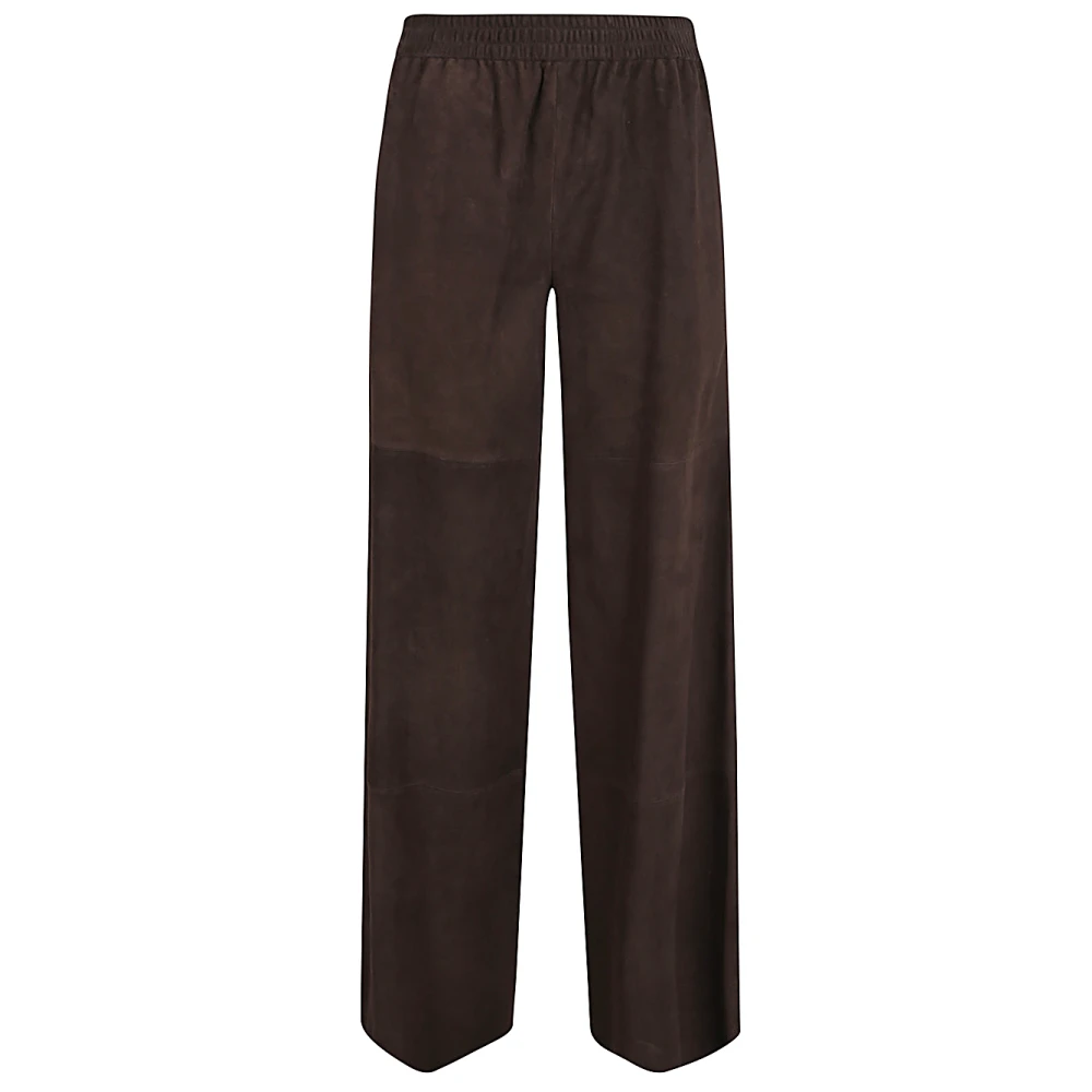 Via Masini 80 Donkergroene Leren Wijde Pijp Broek Brown Dames