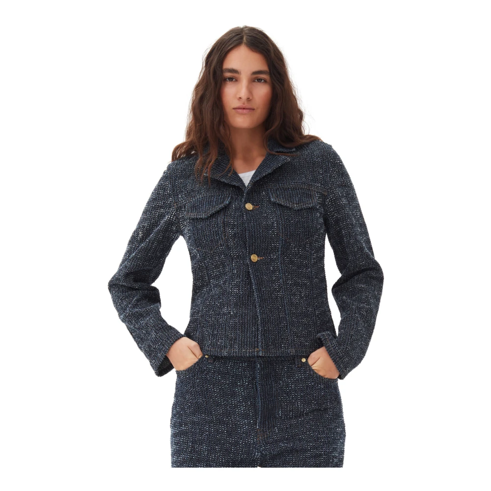Ganni Fluffy Denim Getailleerde Blazer Blue Dames