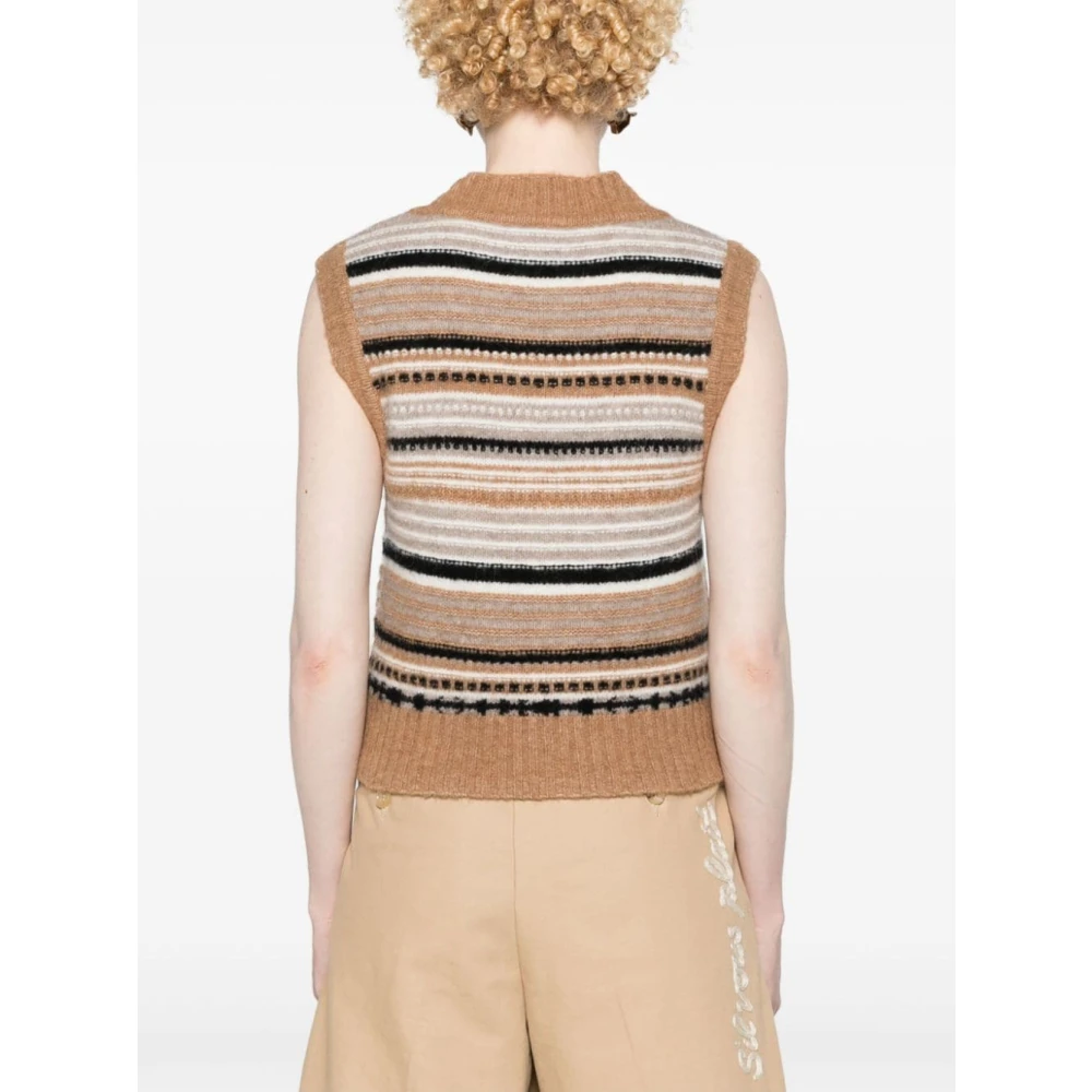 Ganni Geborduurd Logo V-Hals Mouwloze Trui Beige Dames