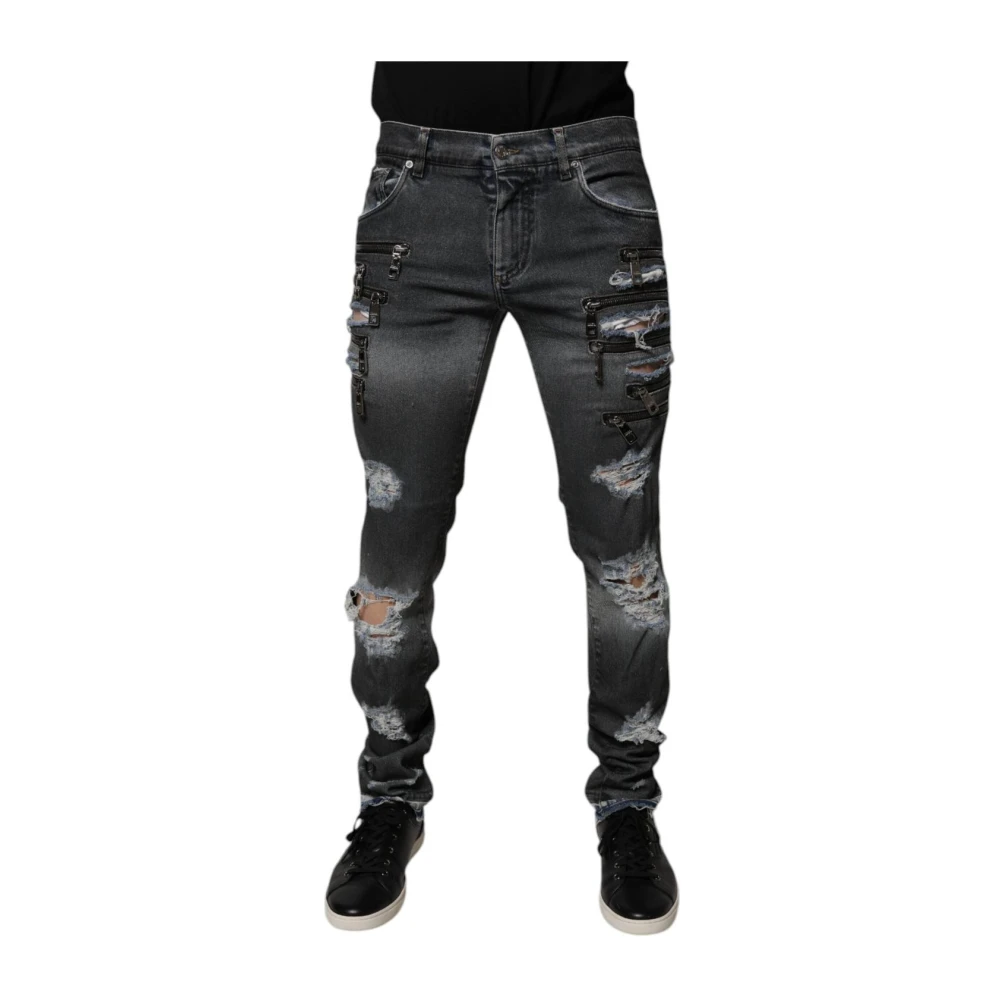 Dolce & Gabbana Men's Gray Slim Fit Jeans, M, Tattered Skinny Denim Jeans