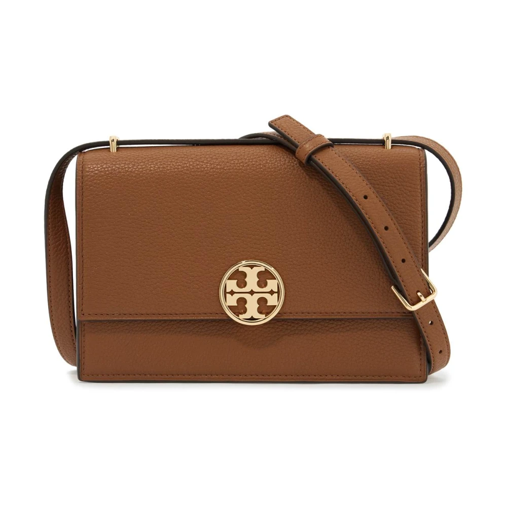 TORY BURCH Gehamerde leren crossbody tas met dubbel T-logo Brown Dames