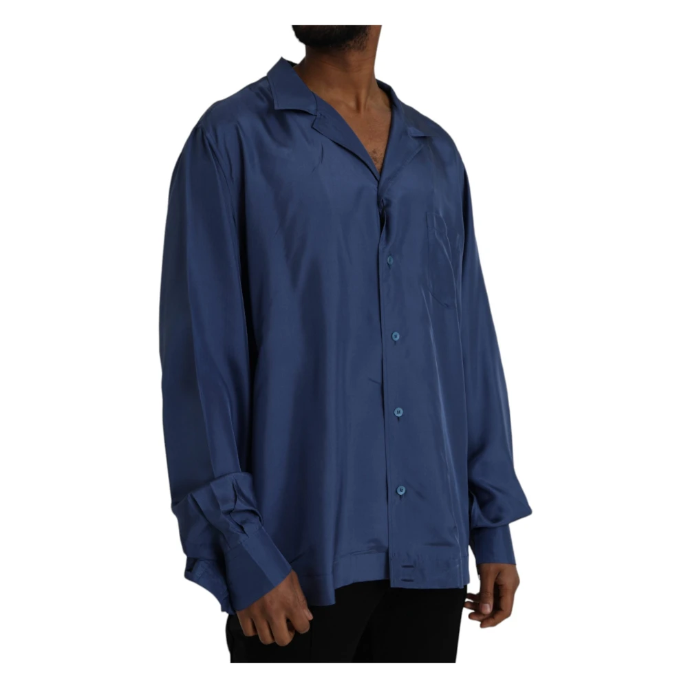 Dolce & Gabbana Blauwe Zijden Casual Overhemd Lange Mouw Blue Heren