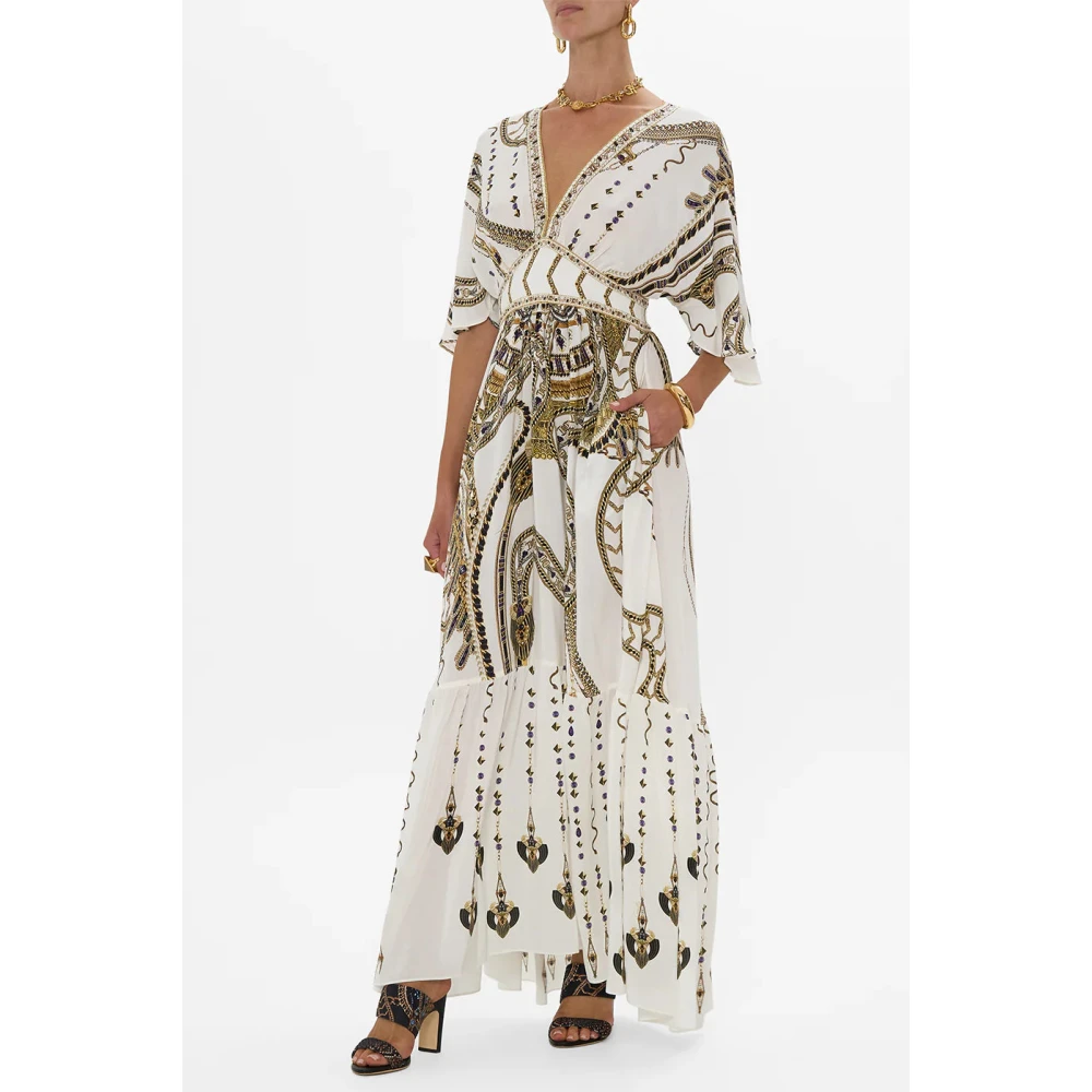 Camilla Zijden jurk met zoom ruche White Dames