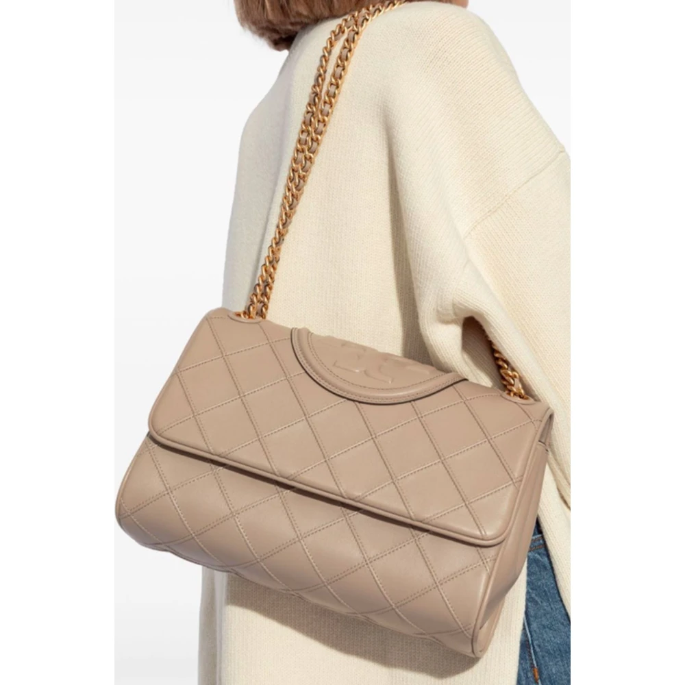 TORY BURCH Diamantgestikte leren schoudertas Beige Dames