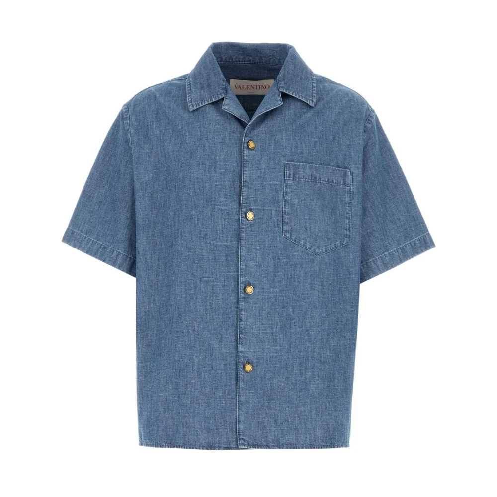 Valentino Garavani Men's Blue Denim Shirts, 2XL, Short Sleeve Denim Shirt
