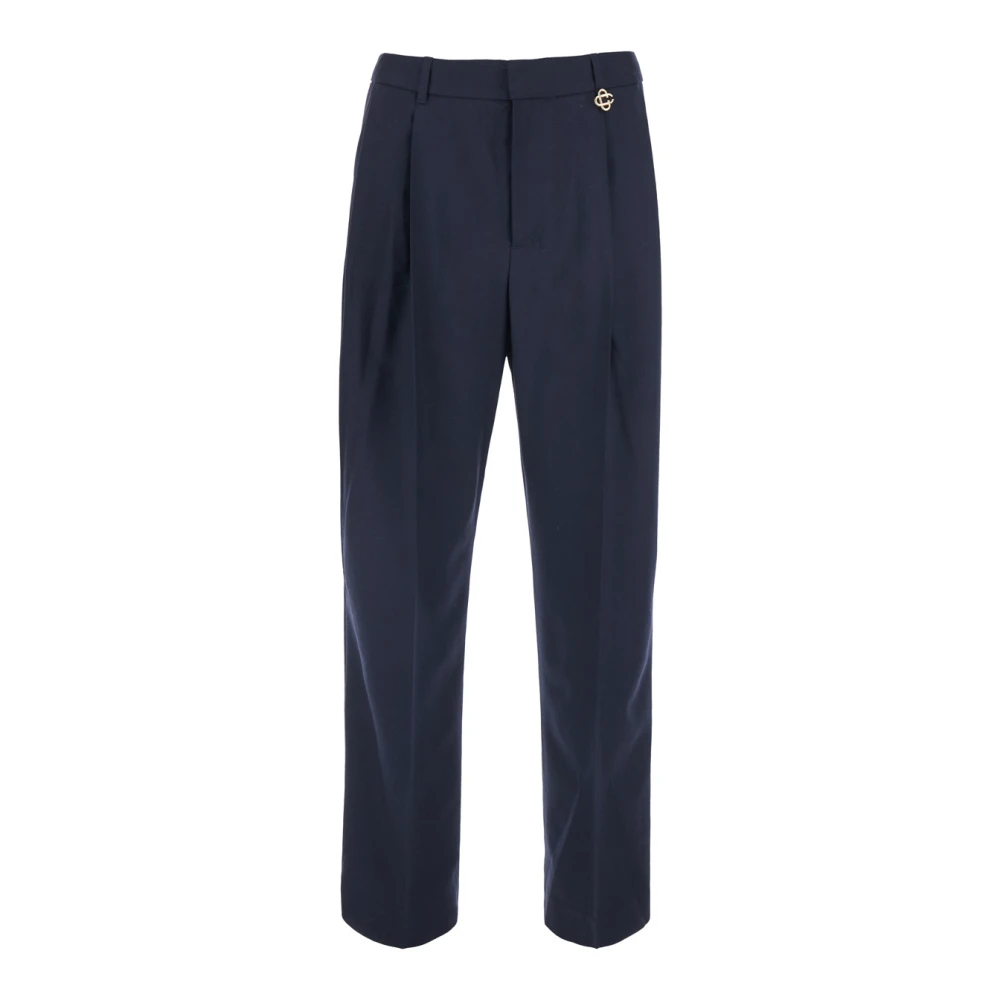 Casablanca Black Trousers With Front Pleats And Logo Plate In Wool For Men - Male - Straight Trousers - Black - S - Trousers - Image 1