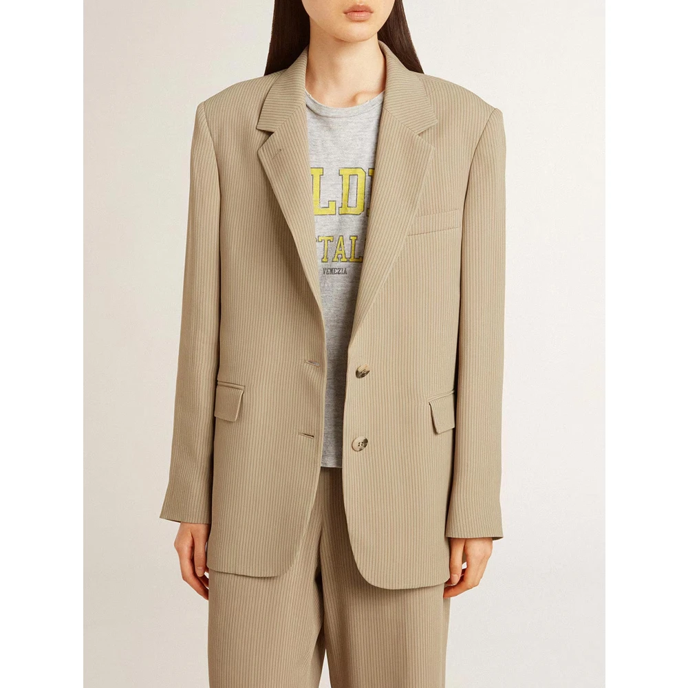 Golden Goose Gestreepte Jas met Hoornknopen Beige Dames