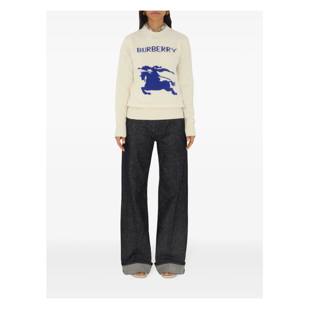 Burberry Witte Gebreide Crewneck Sweater met Equestrian Knight Design White Dames