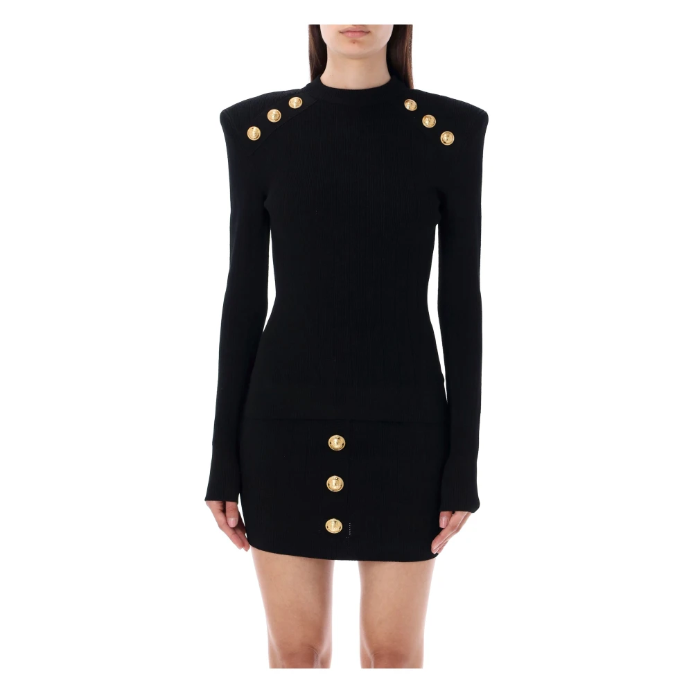 Balmain Zwart Gebreide Trui Gouden Knopen Black Dames