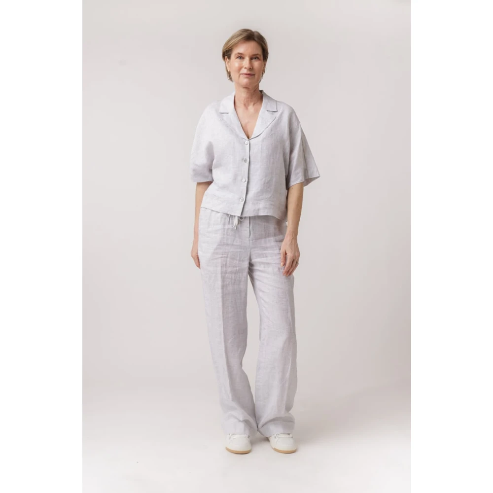 PESERICO Elastische Taille Linnen Broek Rechte Pijp Gray Dames