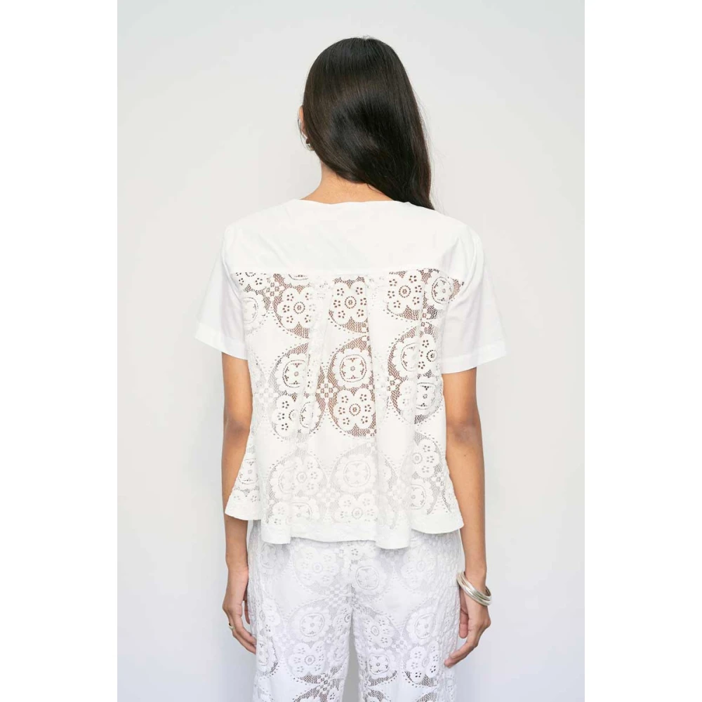 MeiMeiJ Kant Sangallo Ronde Hals Shirt White Dames