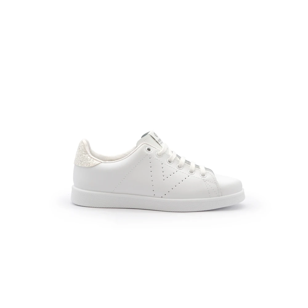 Victoria Witte Leren Sneakers Geperforeerde Glitterhiel Dames Schoenen