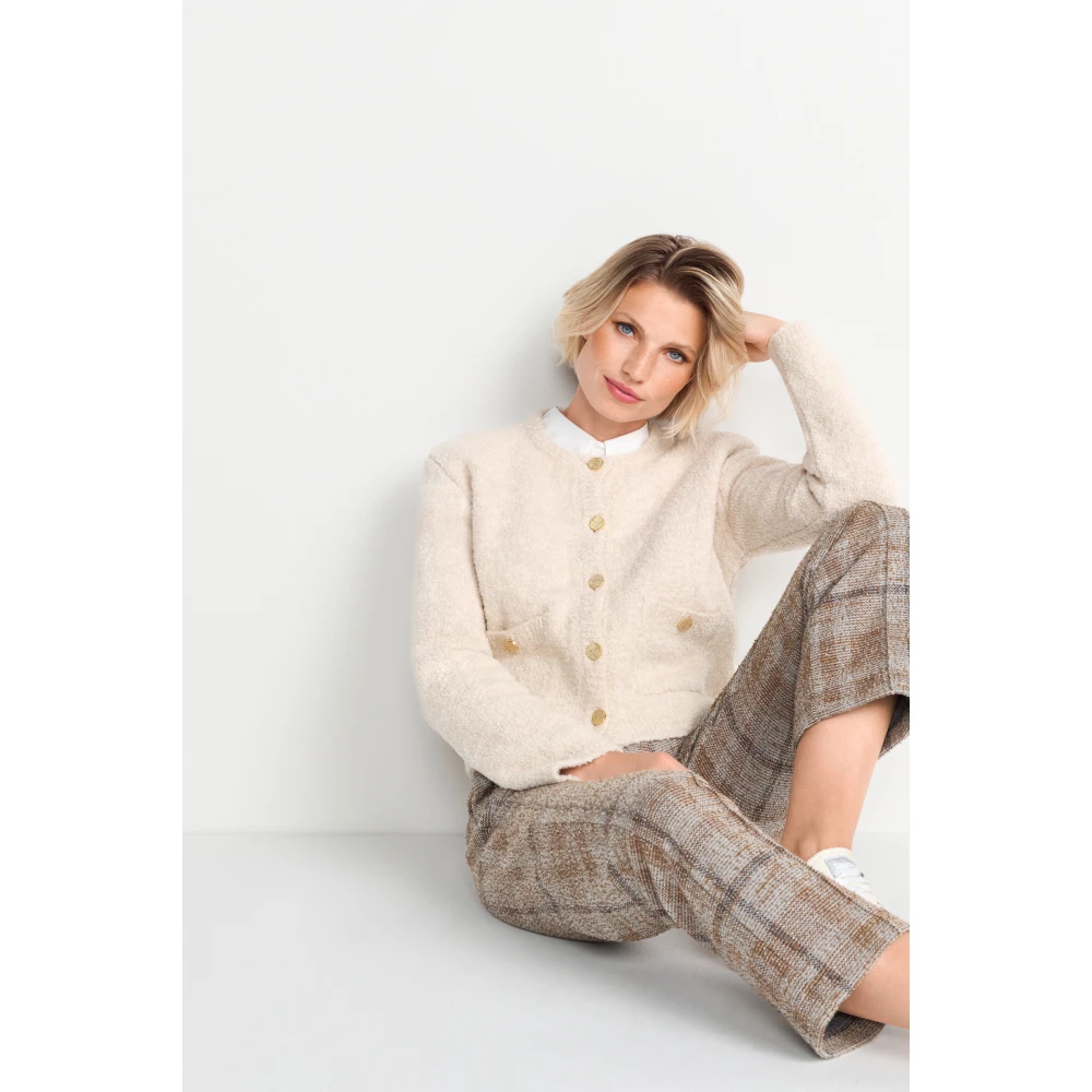 Rich & Royal Bouclé Crew Neck Cardigan Beige Dames