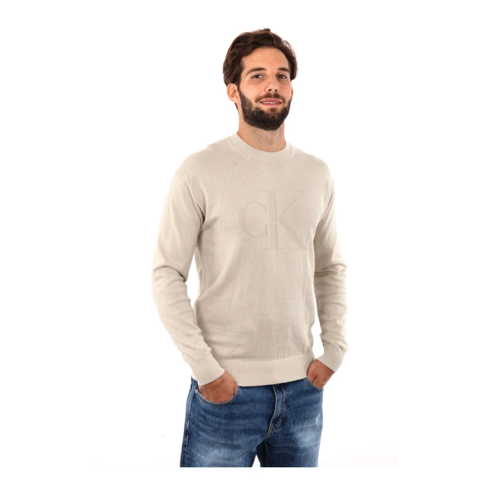 Calvin Klein Jeans Intarsia Logo Crewneck Sweater Heren Beige Heren