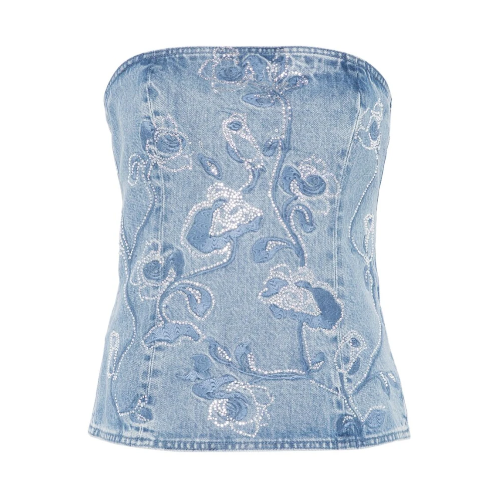 Rotate Birger Christensen Indigo Blue Denim Jurk met Bloemenborduursel Blue Dames