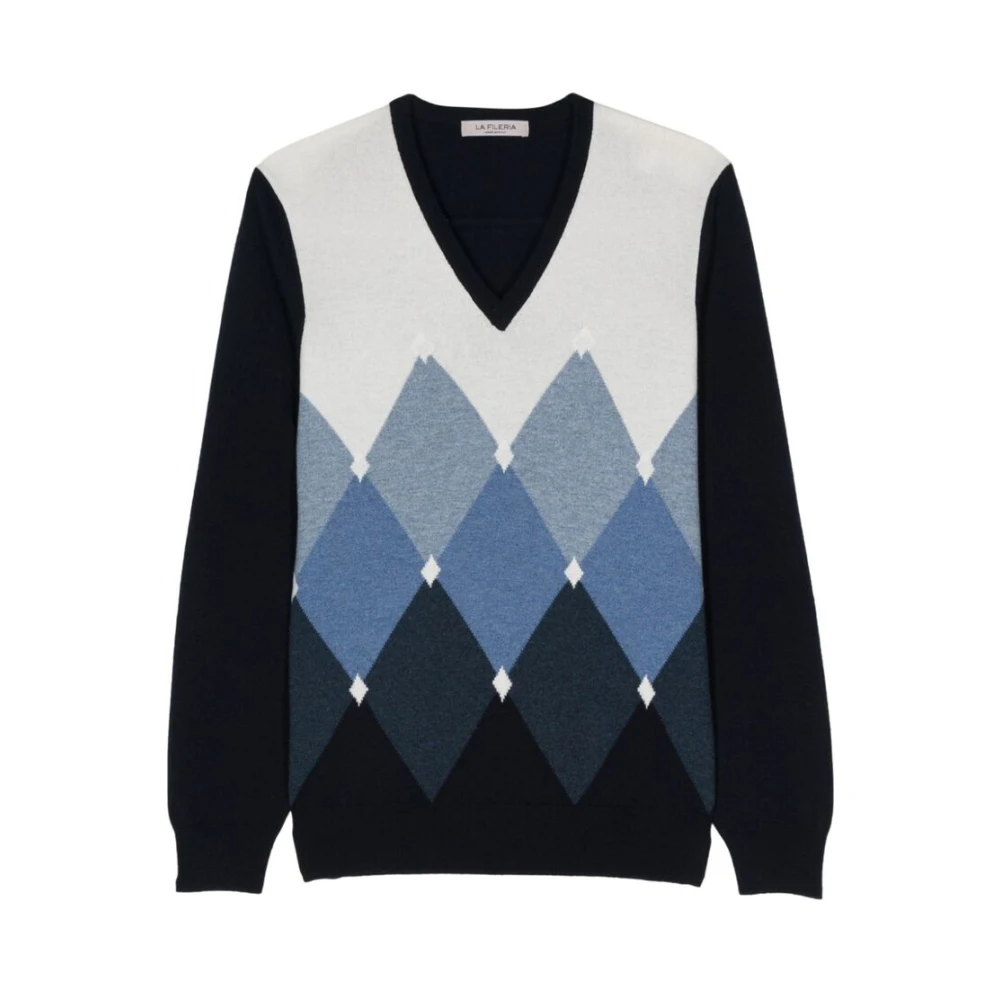 La Fileria Multikleur Argyle Check V-hals Trui Blue Heren
