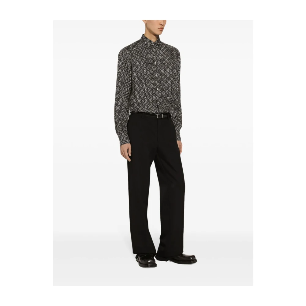 Dolce & Gabbana Zwart Zijden Shirt met Geometrisch Patroon Black Heren