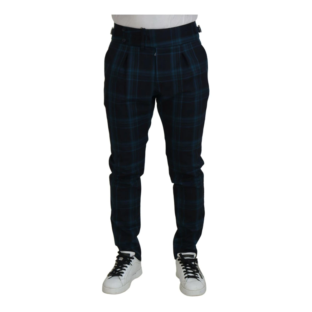 Dolce & Gabbana Men's Blue Slim-Fit Trousers, L, Slim Fit Plaid Wool Trousers