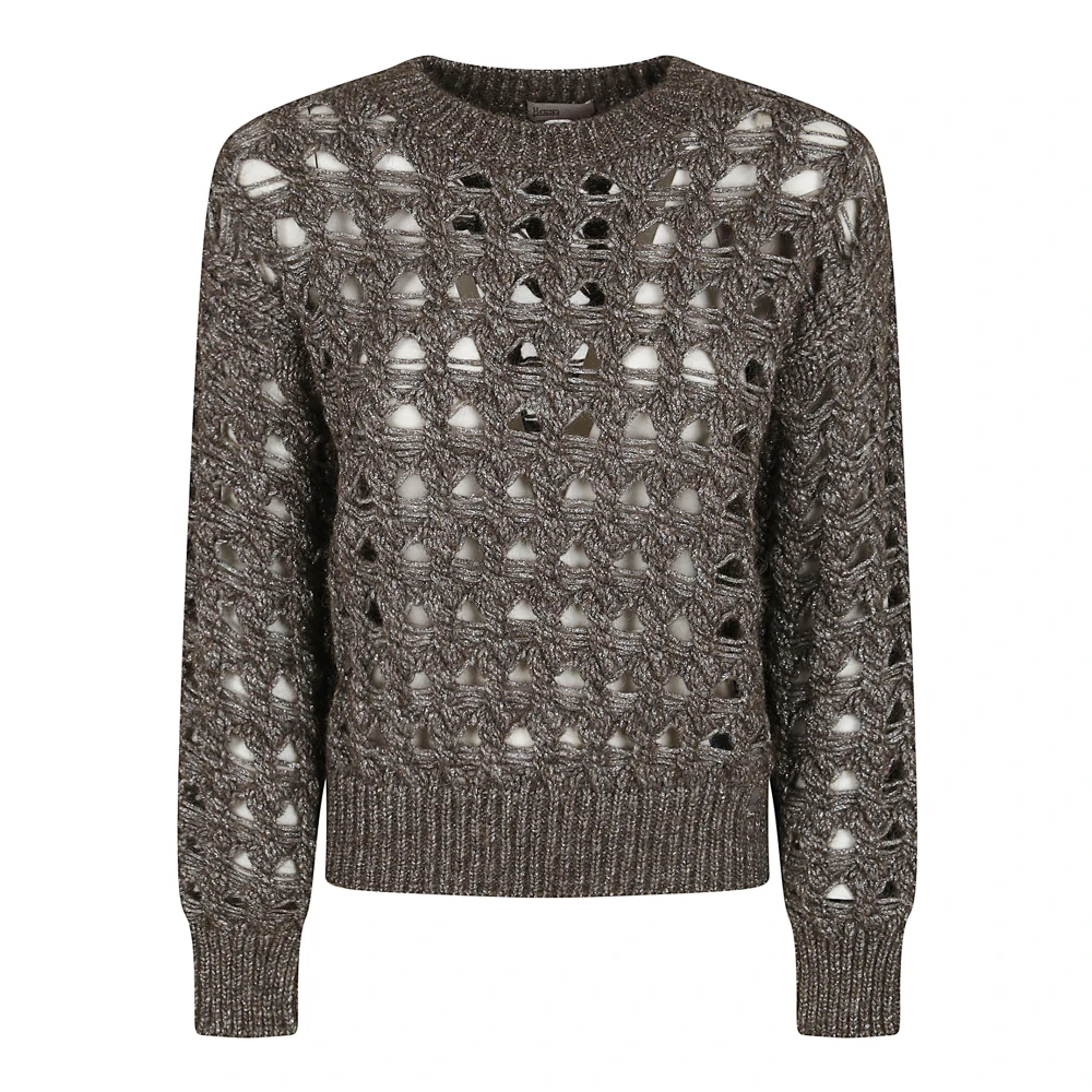 Herno Women's Brown Round-Neck Knitwear, L, Alpaca Wool Crewneck Knit Jumper