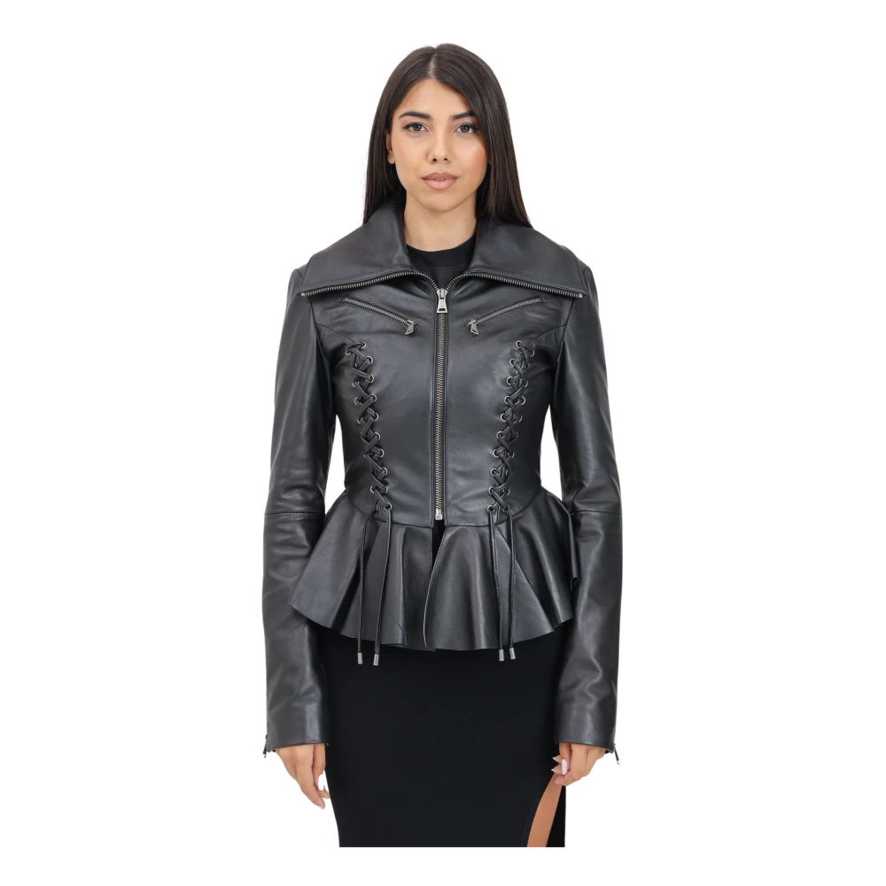 Versace Jeans Couture Zwarte leren peplum jas Black Dames