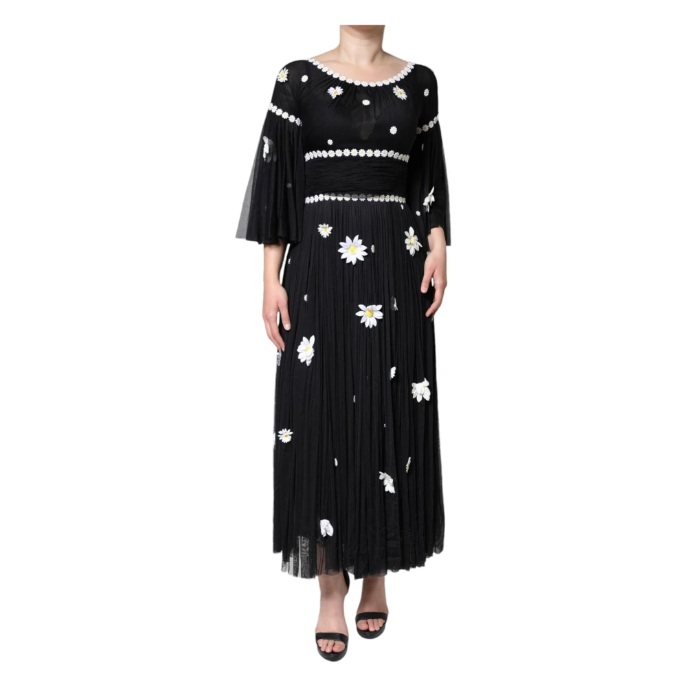 Dolce & Gabbana Women's Black Maxi Dresses, S, Silk Daisy A-Line Long Maxi Dress