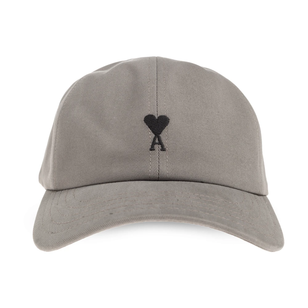 Ami Paris Unisex Grå Accessoarer One Size, Bomull, Ami De Coeur Embroidery Cap