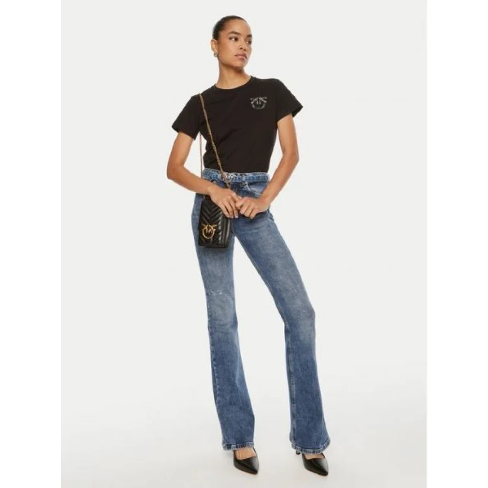 pinko Love Birds Geborduurd T-shirt met korte mouwen Black Dames