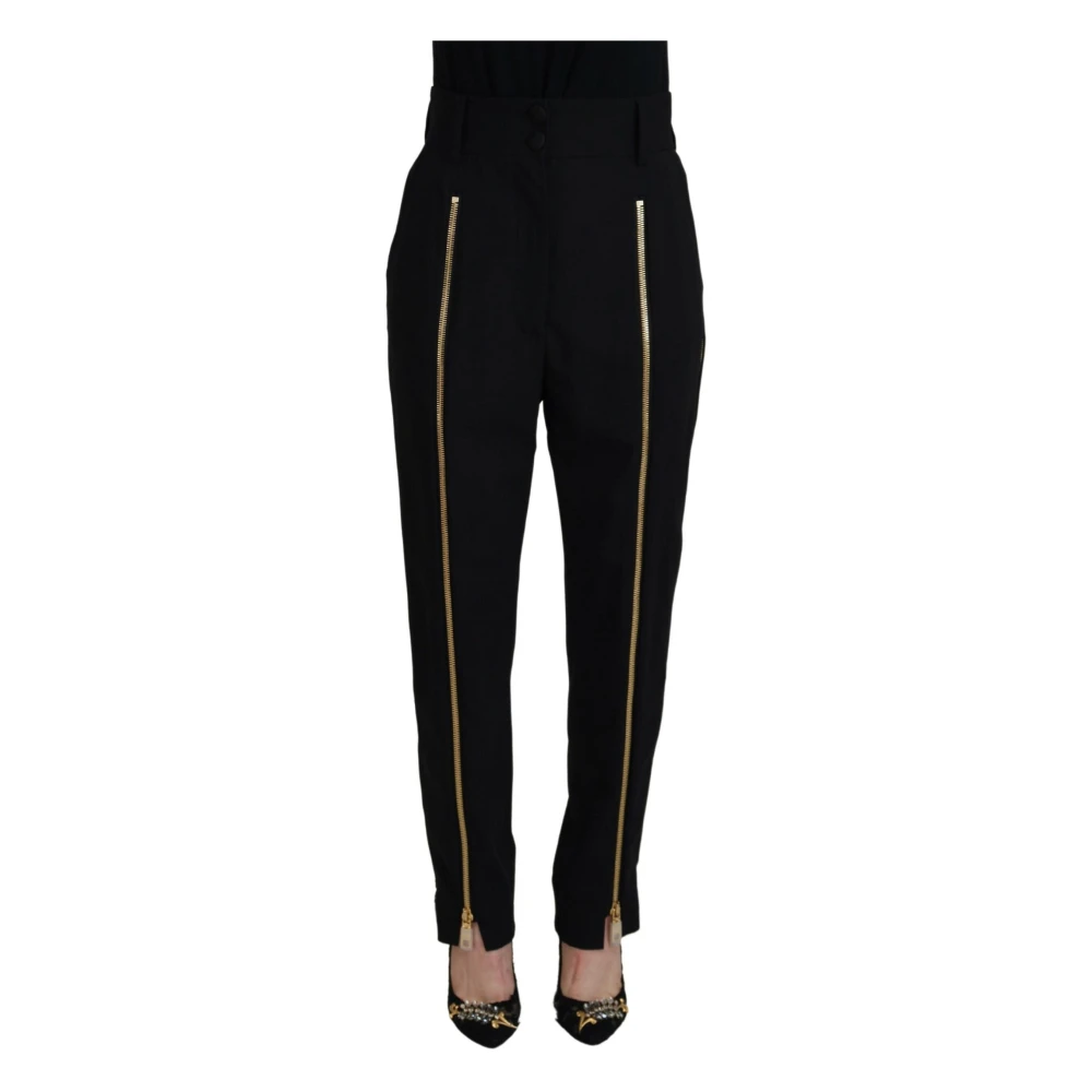 Dolce & Gabbana Zwarte Wol Hoge Taille Tapered Broek Black Dames