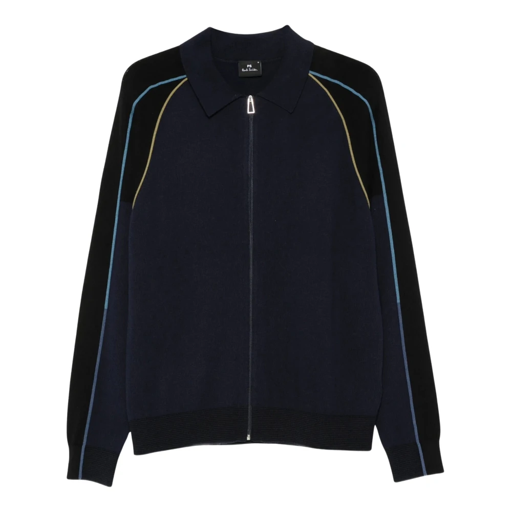 Paul Smith Striped-Trim Full Zip Jumper Cardigan - Male - Cardigans - Blue - M - Knitwear