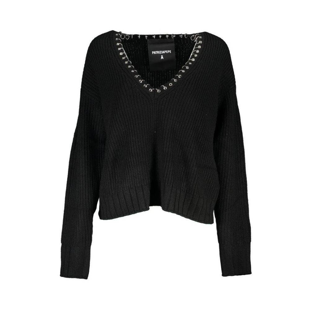 Patrizia Pepe , V-Neck Knitwear, Female, Black, Xs, Elegant V-Neck Jumper With Stylish Details