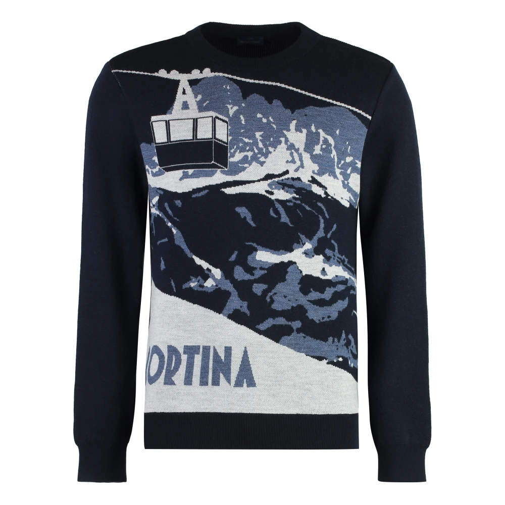 Paul & Shark Men's Blue Round-Neck Knitwear,, Ribbed Knit Crew-Neck Wool Jumper Small