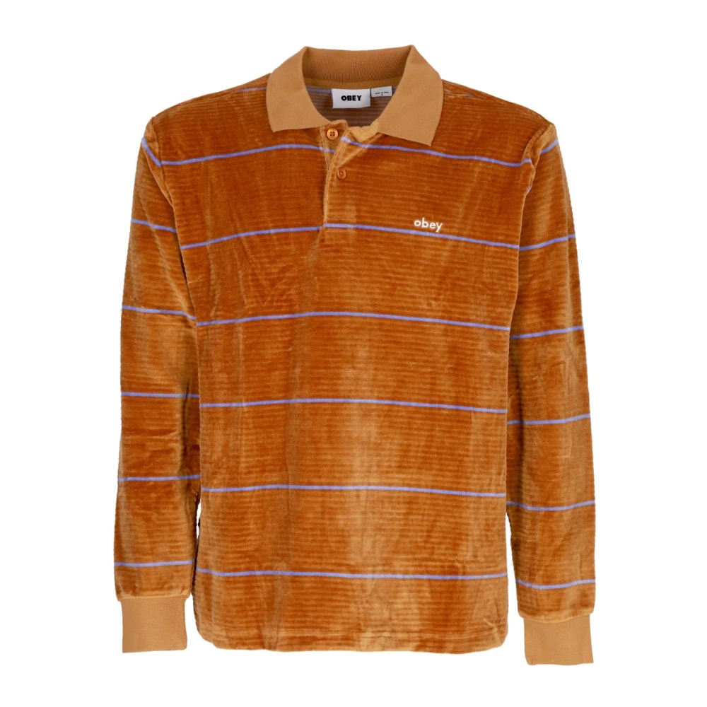 Obey Men's Brown Striped Long Sleeve Velour Polo