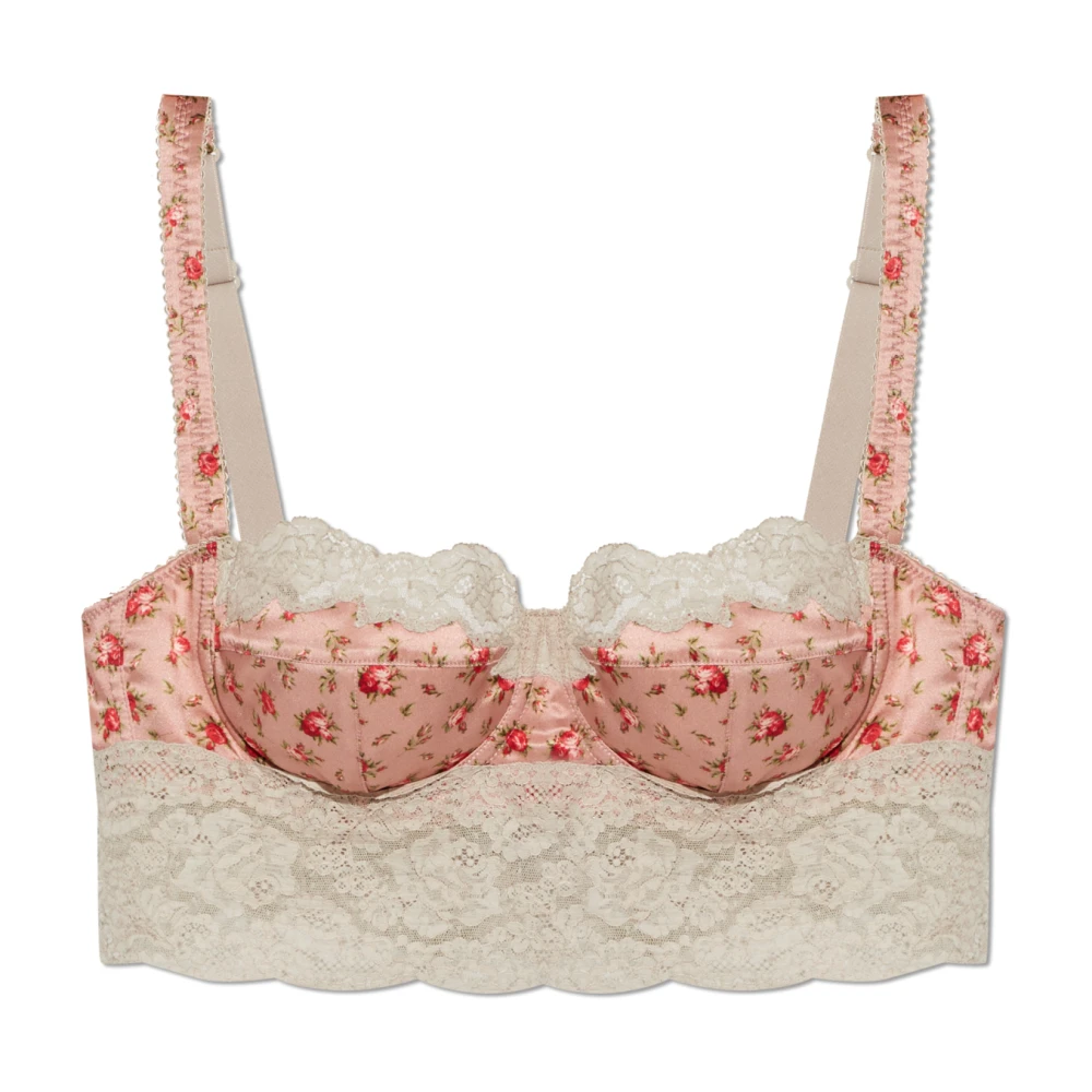 Dolce & Gabbana Vrouw Beige Ondergoed Dames, 75B Eu, Satijn, Kleine Balconette Van Satijn Met Rozenprint En Kant