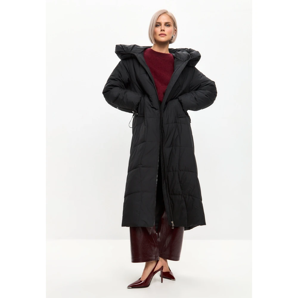 Cesare Gaspari Oversized gewatteerde jas met capuchon en nepbont manchetten Black Dames