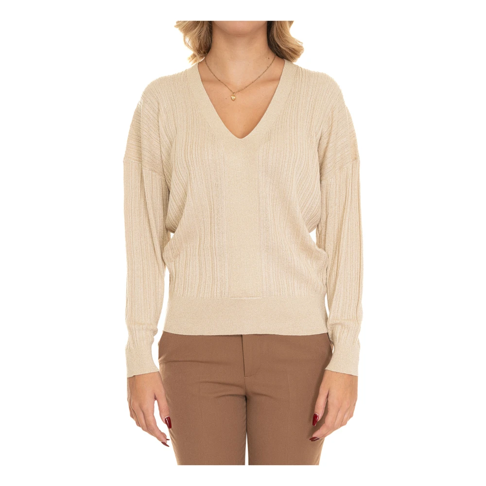 Liu Jo V-hals Lurex Pullover met Ribbewerking Yellow Dames
