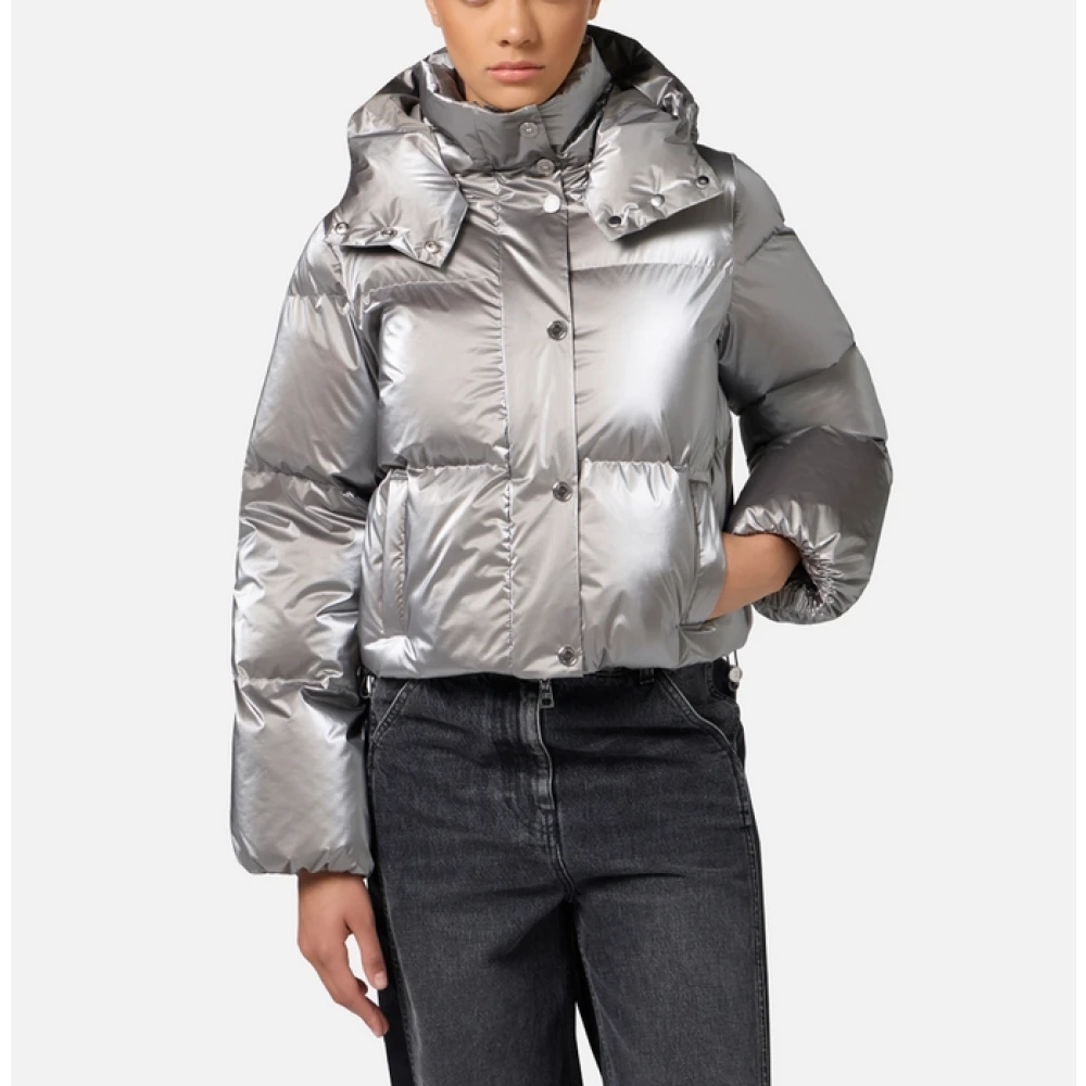 Elisabetta Franchi Metallic Cropped Down Jacket met Afneembare Capuchon Gray Dames