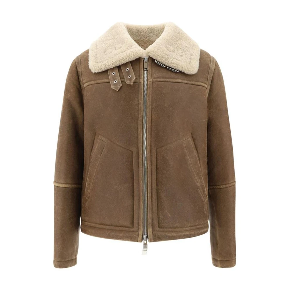 Yves Salomon Shearling Lambskin Jacket met Dubbele Rits Brown Heren