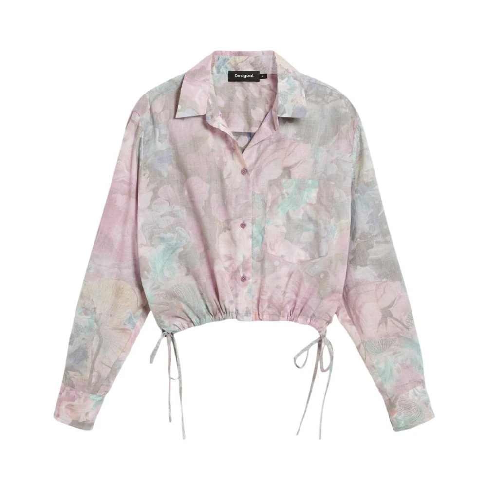 Desigual Women's Pink Floral Pattern Cotton Shirt With Round Neck And Long Sleeves