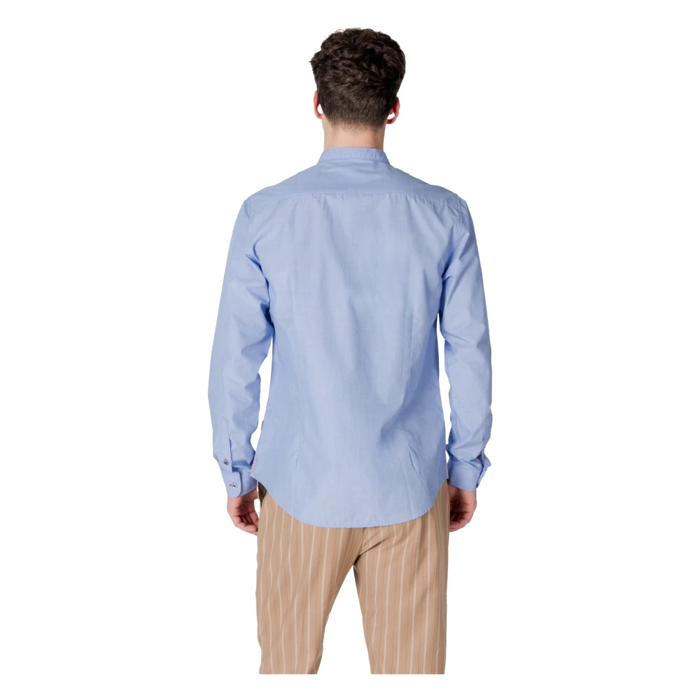 Gianni Lupo Mandarijn Kraag Lange Mouw Shirt Blue Heren
