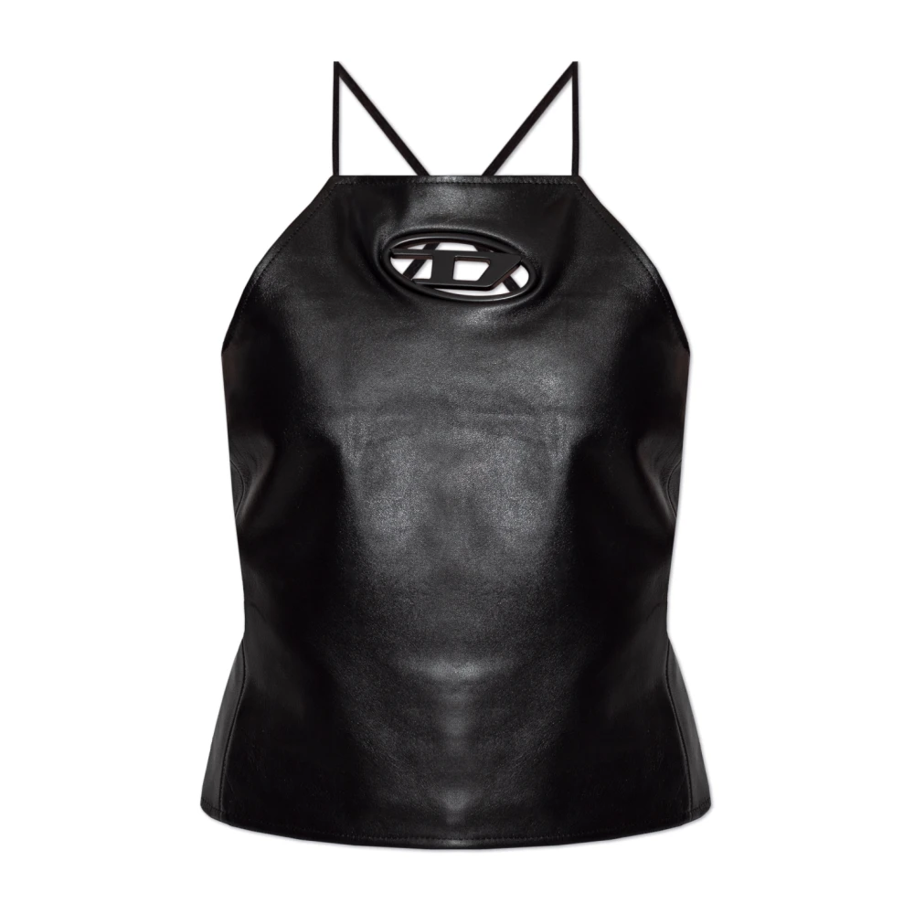 Diesel Leren Halternek Top met Logo Plaque Black Dames