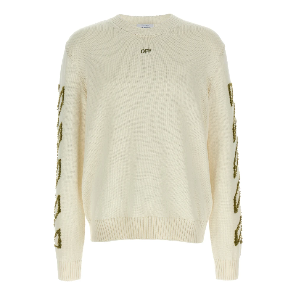 Off White Beige Round-Neck Knitwear, Male, L, Round-Neck Knit Jumper