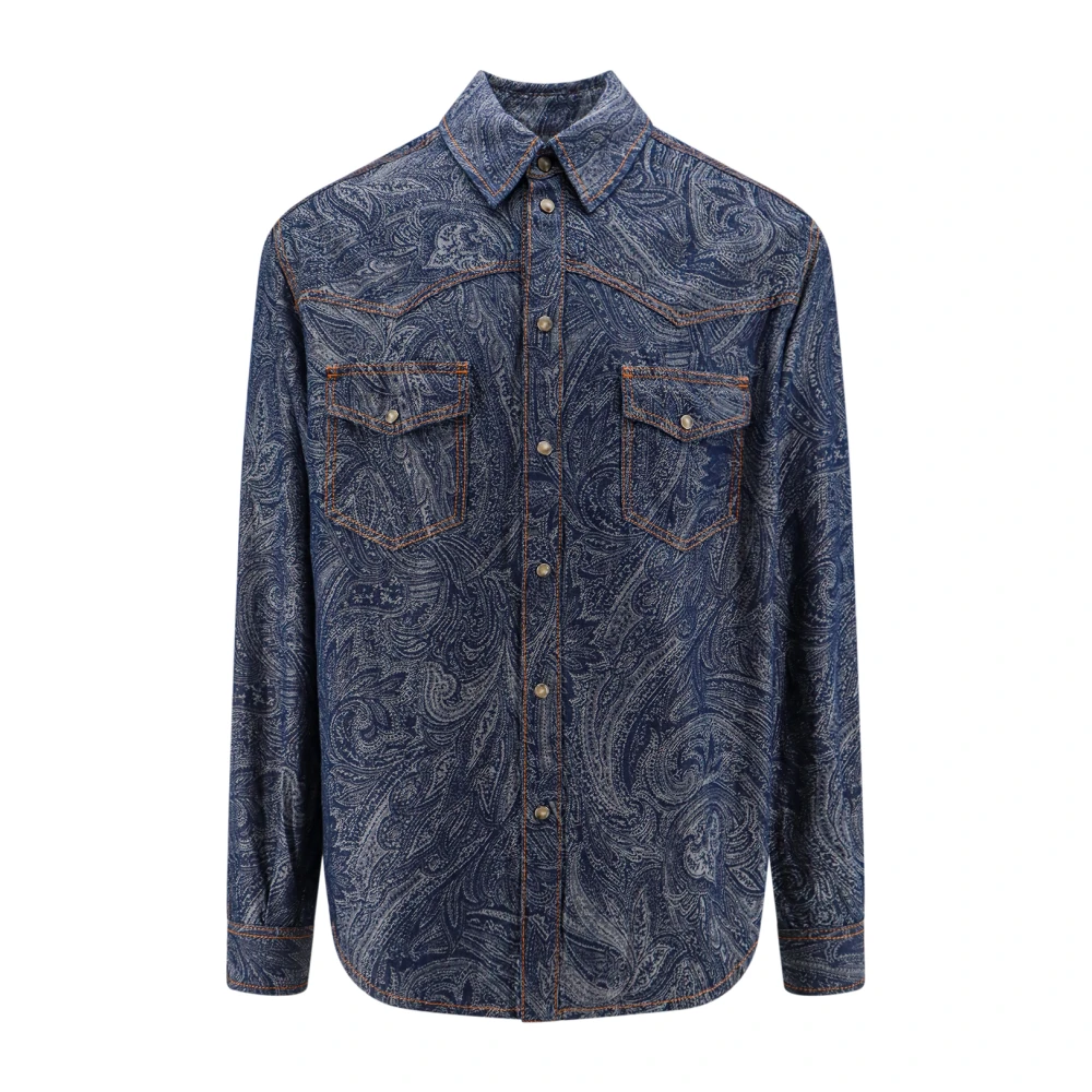 ETRO Iconische Print Katoen Linnen Shirt Blue Heren
