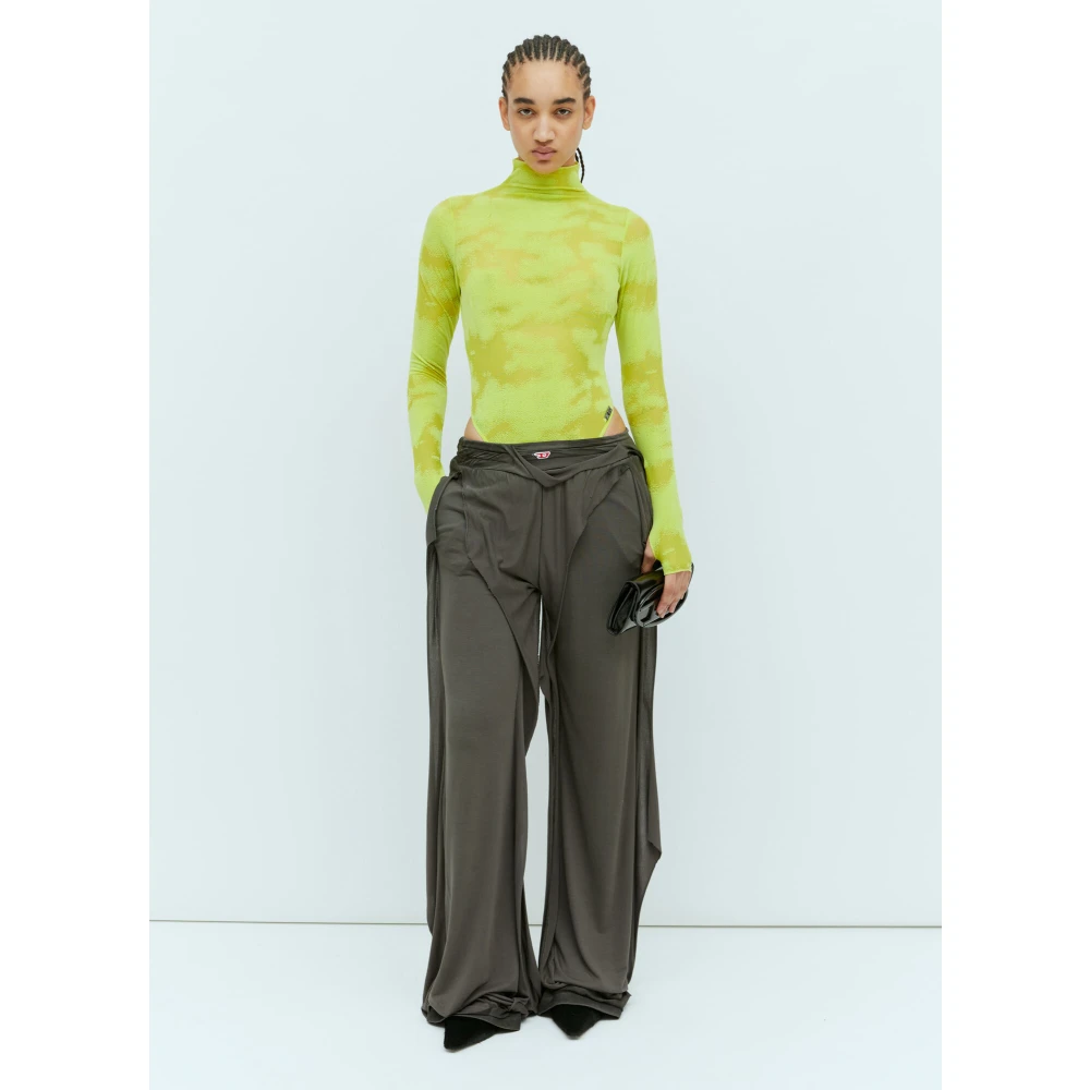 Diesel Mesh Longsleeve Bodysuit met Logo Patch Green Dames